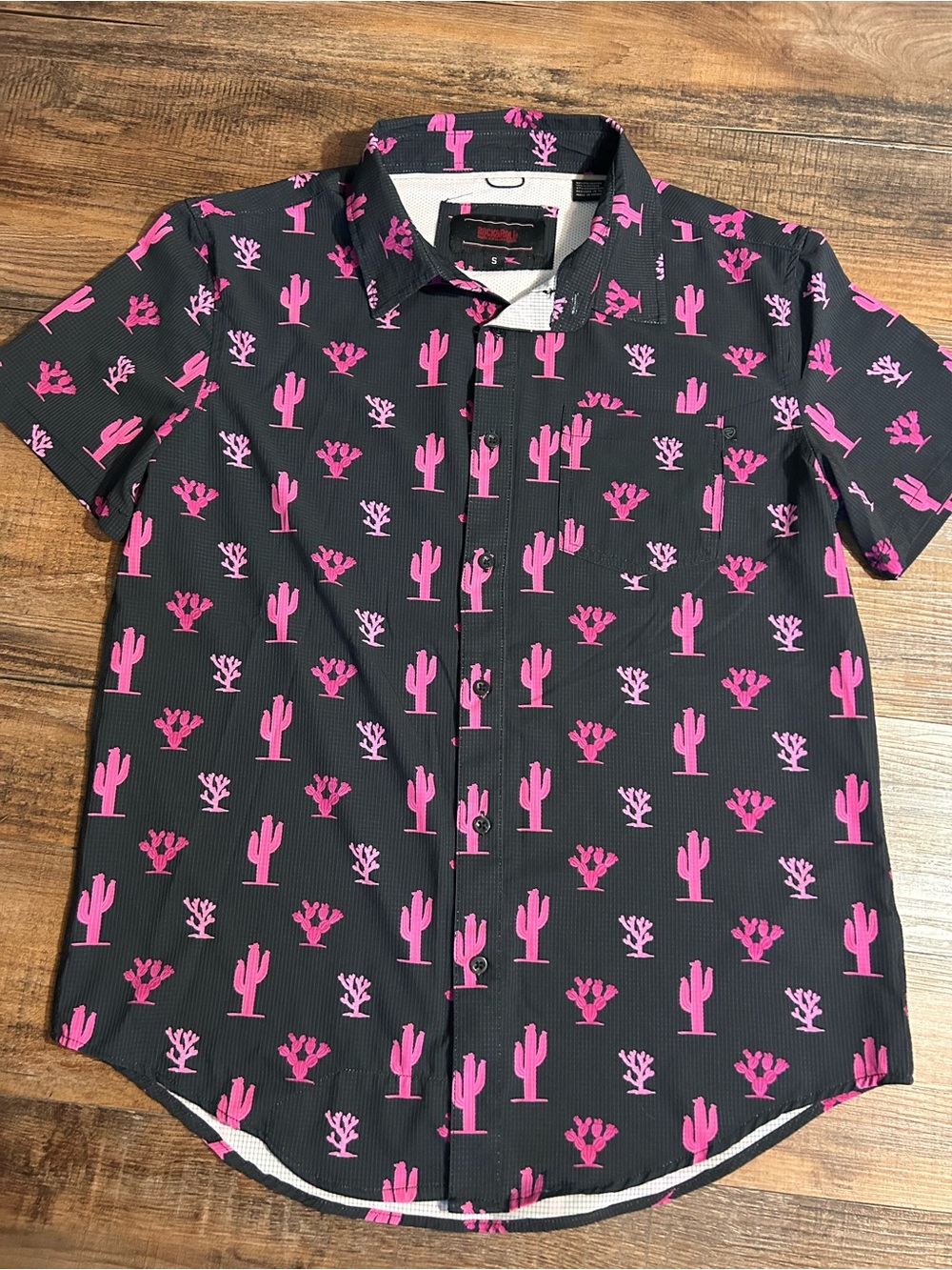 Rock & Roll Denim Short-Sleeve Black Button-Down Shirt with Pink Cactus Print